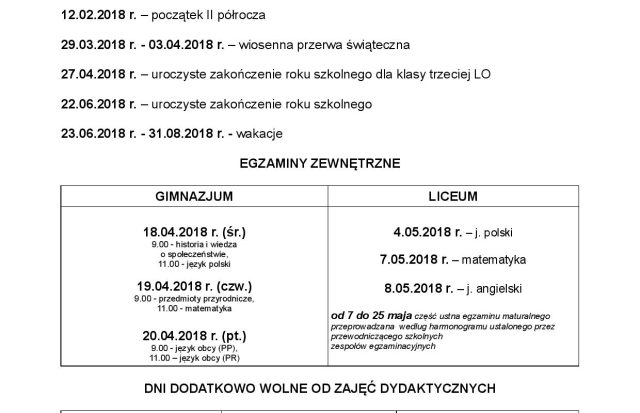 Dodatkowe wolne dni od zajęć